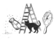 Dibujo de supersticiones clásicas: salero derramado, gato negro bajo una escalera y espejo roto
