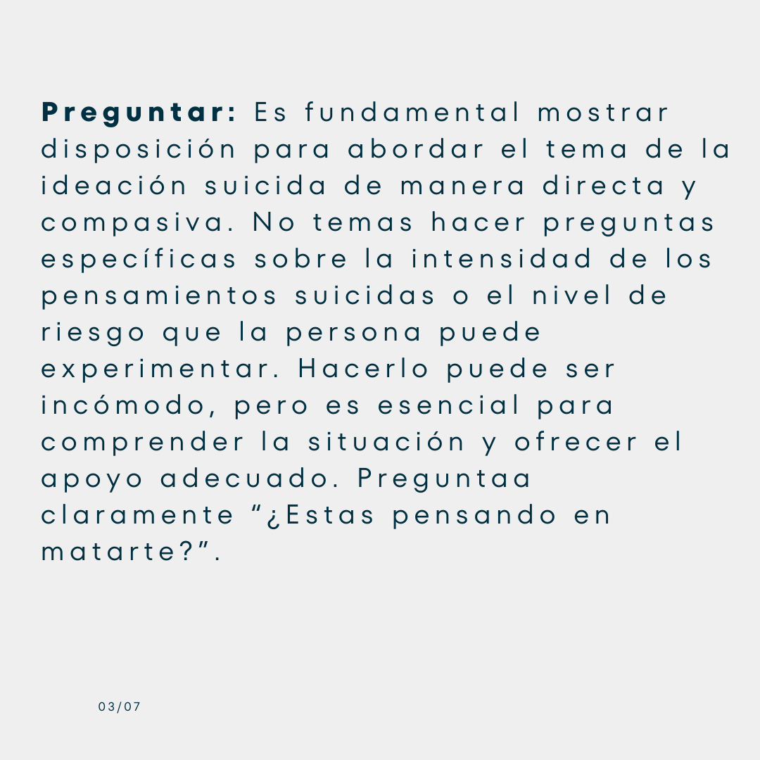 Tarjeta «Preguntar»: abordar la ideación suicida de forma directa y compasiva, por ejemplo «¿Estás pensando en matarte?»