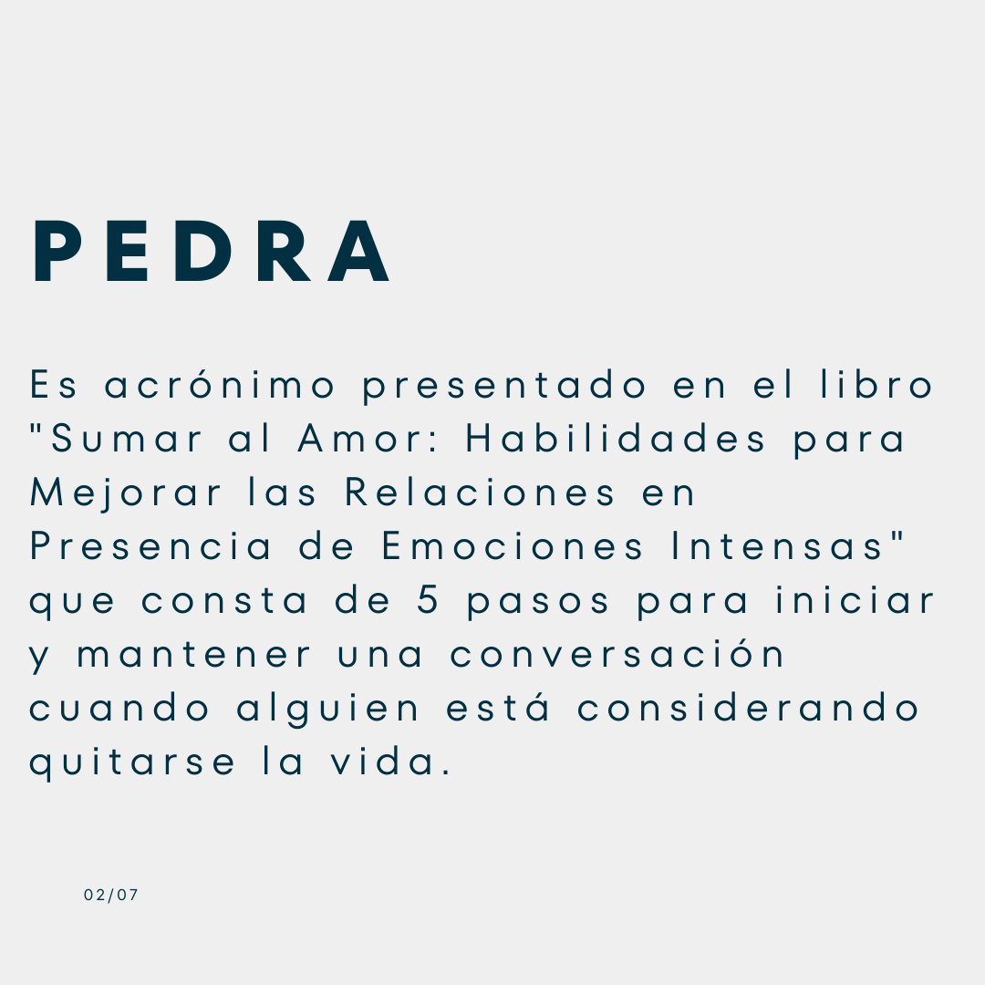 Tarjeta que explica PEDRA, acrónimo del libro «Sumar al amor» con 5 pasos para conversar con alguien que piensa en el suicidio