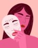 Ilustración de una mujer que sostiene una máscara con su propio rostro junto a la cara, sobre fondo rosa
