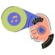 Ilustración de una cabeza con auriculares que recibe notas musicales desde un círculo verde