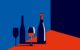 Ilustración de dos botellas y dos copas de vino sobre una mesa, con sombras en tonos azul y rojo