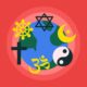 Símbolos de varias religiones, como la cruz, la estrella de David, la luna y el yin-yang, sobre un globo