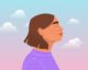 Ilustración de una mujer de perfil con los ojos cerrados respirando tranquila, con nubes de fondo