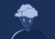 Ilustración de una persona triste con una nube de lluvia en la cabeza sobre fondo azul oscuro