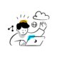 Ilustración de una persona que trabaja en un portátil rodeada de iconos de nube, web y conexiones