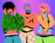 Ilustración de tres jóvenes de colores vivos con gestos pensativos y preocupados