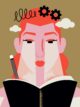 Ilustración de una mujer pelirroja que lee un libro, con engranajes y nubes sobre su cabeza