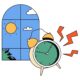Ilustración de un despertador que suena junto a una ventana con el sol y nubes