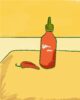Ilustración de una botella de salsa picante roja junto a un chile rojo sobre una mesa amarilla