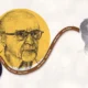 Collage: Carl Rogers dibujado sobre un círculo dorado y una cinta magnética con “mm-hmm” que lleva a un Skinner difuminado.