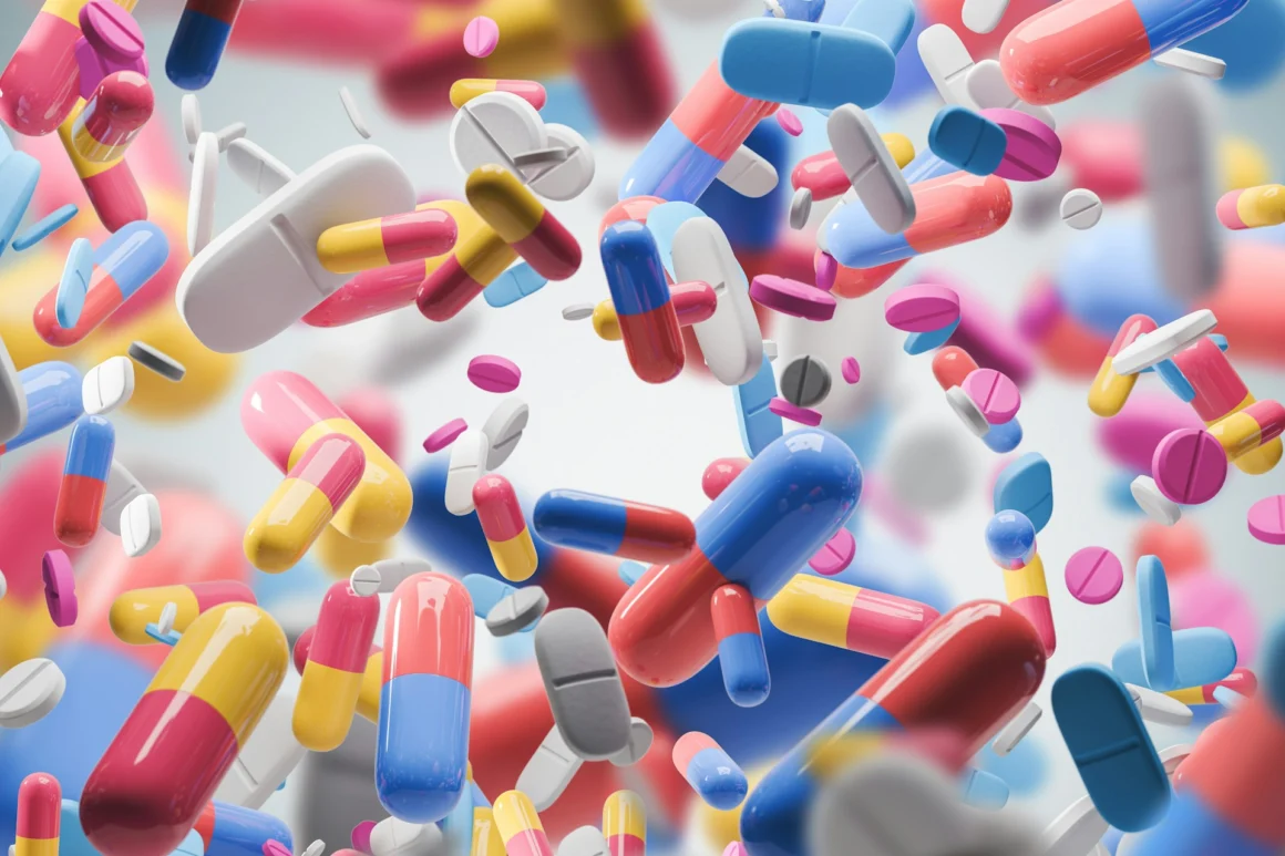 Pastillas y cápsulas de colores flotando, en alusión al soma de Un mundo feliz